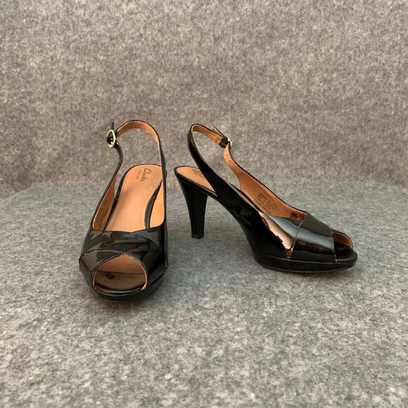 Clarks Artisan Women's Patent Leather Black Shoes Sling Back Heel Peep Toe Shoes - Picture 2 of 12